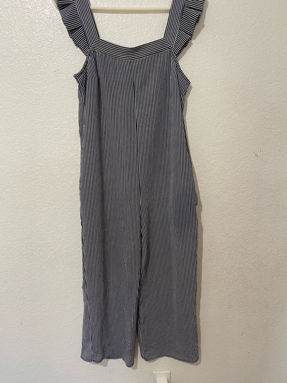 Monteau Striped Wide Leg Romper XS Ruffle Strap Jumpsuit Navy White
